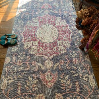 大判　ロング　251×112 トルコヴィンテージラグ　インディゴ　ローズレッド　絨毯　ヴィンテージラグ　トルコラグ