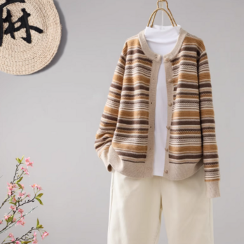 【受注】綿.カラフルストライプ カーディガン ラウンドネック シングルブレスト ゆったり ベーシック