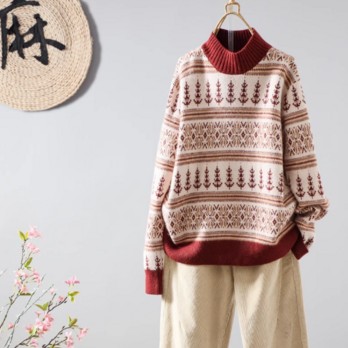 【受注】ハーフネック ジャカード セーター コントラスト カラー ゆったり 保温 冬 トップス