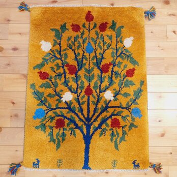 ペルシャ　ギャッベ　玄関マット　ラグ　85x60㎝　黄金色　ザクロの木　RJ16507