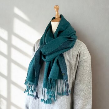 ベビーアルパカ手織りロングストール　ブルーグリーン