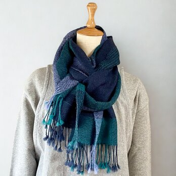 ベビーアルパカ手織りロングストール　ネイビー×ブルーグリーン×ブルー