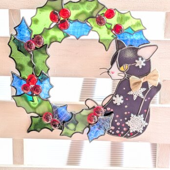 2025ステンドグラスの猫のクリスマスリース