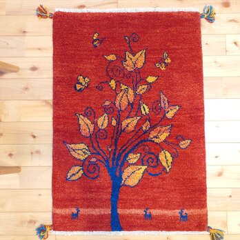 ペルシャ　ギャッベ　玄関マット　ラグ　90x62㎝　茜色　蝶　生命の木　RJ12512