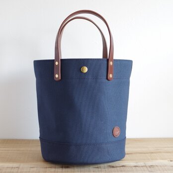 レザーハンドル帆布 丸底トートバッグ ネイビー