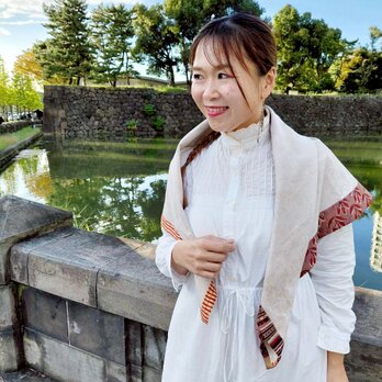 コーヒーストール BlockPrintパッチワーク×コーヒー染め：赤色　大判＜草木染め・ブロックプリント・綿100％＞