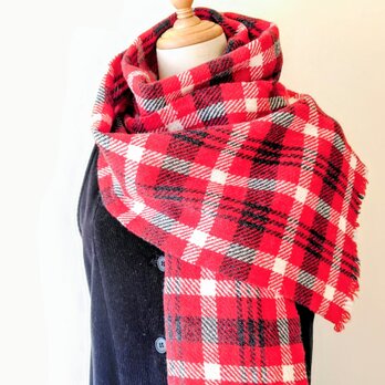 北欧手織り軽くて暖かいオリジナルチェックマフラー（レッド）