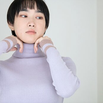 【ラベンダー染め】Organic Cotton無縫製　Cuff borderリブタートルセーター