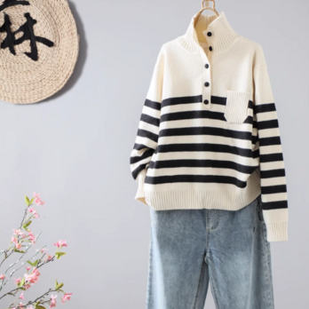 【受注】 スタンドカラー ストライプ ニットセーター オーバーサイズ ゆったり 秋冬 ボリュームスリーブ