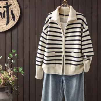 【秋冬の新作】 スタンドカラー ストライプ ニットカーディガン ジップアップ オーバーサイズ 保温 アウター