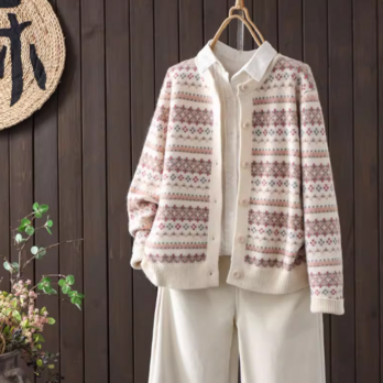 【受注】綿. ラウンドネック ジャカードニットカーディガン オーバーサイズ カラーリブロック シングルボタン 秋 保温