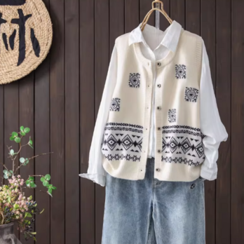 【受注】ラウンドネック ジャカードベスト カラーリブロック ノースリーブ シングルボタン ニット レイヤードトップス