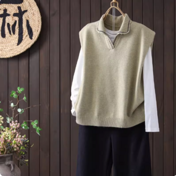 【受注】ラペルカラー ノースリーブ ニットベスト オーバーサイズ カジュアル レイヤードトップス