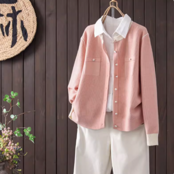 【受注】綿. ラウンドネック ニットカーディガン ロングスリーブ シングルボタン ショート丈 秋冬 アウター