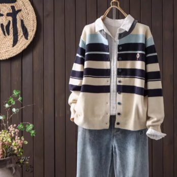 【受注】綿.ゆったりめ ベーシックストライプ ニット カーディガン ボタン留め ショート丈