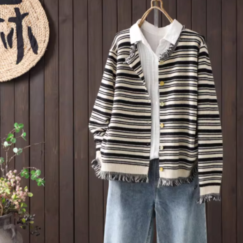 【受注】綿.フリンジ カーディガン レディース ストライプ クルーネック 秋 ボタン留め ベーシック