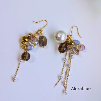 Asymmetry Shine｜コットンパールとスモーキークォーツの上品ピアス｜結婚式パーティーにも