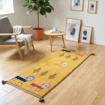 ペルシャ　ギャッベ ランナー中　ラグ　140x52cm 黄金色　ライオン　RJ13156