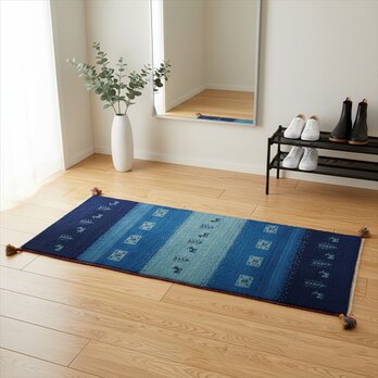 ペルシャ　ギャッベ ランナー中　ラグ　143×53cm　藍色　ヤギ　生命の木　RJ102542