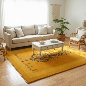 ペルシャ ギャッベ　リビング敷き　ダイニング敷き　ラグ　243x198cm　黄金色　RJ15651　生命の木