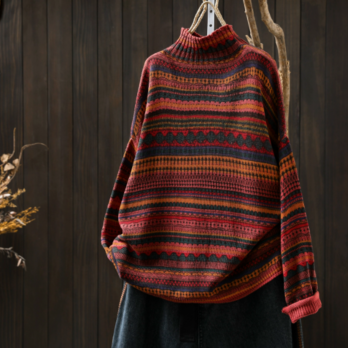 受作｜ハイネック ストライプニットセーター コットン 秋冬 カジュアルセーター トップス　綿