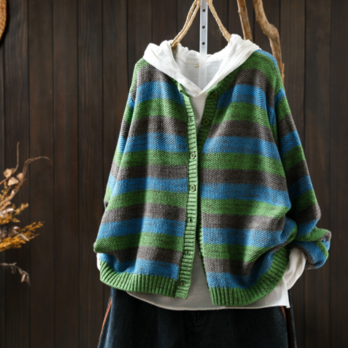 受注｜コットン.綿ニットストライプカーディガン カラーブロック ゆったり レトロ 彩り糸 カジュアル 通勤通学 秋冬