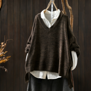 受注｜コットン.綿Vネックニット オーバーサイズ ゆったり ルーズシルエット 春秋冬 インナーとして 重ね着ニット