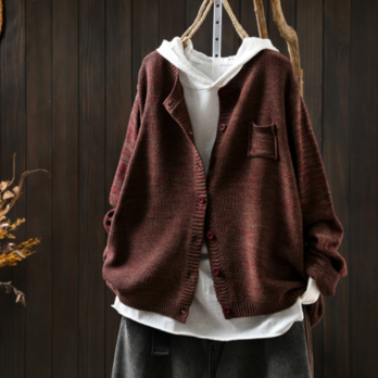受注｜ボルドー コットン.綿ニットカーディガン ゆったりサイズ カジュアル 通勤通学 秋冬