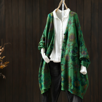 受注｜コットン.秋の羽織りに ミディ丈 Vネック フラワープリント 大人可愛いカーディガン 秋冬 綿糸