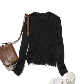 すっきり女性らしいシルエット。肌に寄り添う、軽くて暖かなハイゲージニット 　ブラック　251102-3