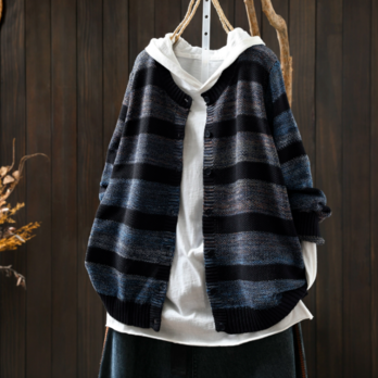 受注｜コットン.綿ニットストライプカーディガン カラーブロック ゆったり レトロ 彩り糸 カジュアル 通勤通学 秋冬