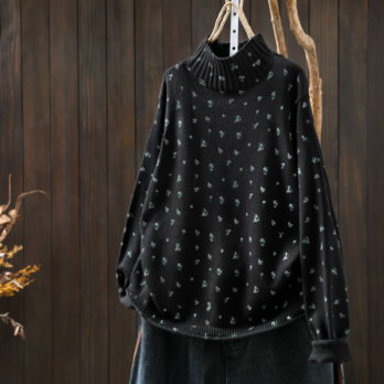 受作｜綿.暖かい 花柄カジュアルセーター ハイネックニットセーター コットン 秋冬 リラックスフィットトップス