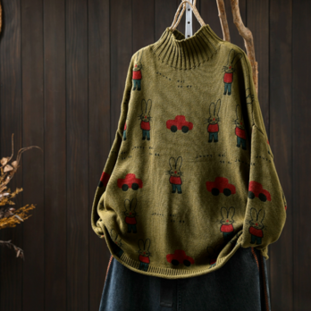 受作｜綿 ウサギプリント ハイネックセーター 大人かわいいニット カジュアルトップス オーバーサイズ 秋冬