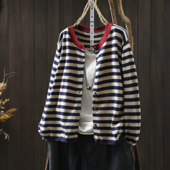 新作｜カラーブロック ストライプ ニット カーディガン 女 長袖 秋 薄手 トップス