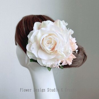 大輪のエクリュローズとアネモネのヘアクリップ　ダンス　フラメンコ　結婚式　ヘアクリップ　髪飾り　ウェディング　バラ　エクリュ　袴