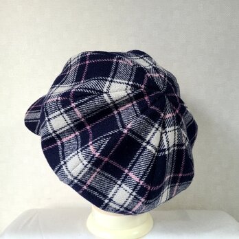 魅せる帽子☆チェックが可愛い♪大きめクラウンのウールキャスケット～ネイビー&オフホワイトのコピー