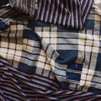 布団皮 木綿 藍染格子×縞模様 古布 リメイク素材 襤褸 ジャパンヴィンテージ 昭和初期