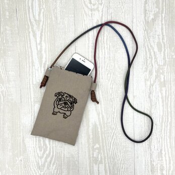 手刺繍スマホショルダー パグ