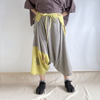 【1点もの】さんかくパンツ -ウール着物地 黄緑 亀甲 & ウール スーツ地 グレー （ヴィンテージ） TRP562