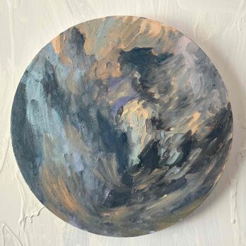 直径30㎝「画家の家の上空３」油彩・絵画・原画・丸形・アートパネル