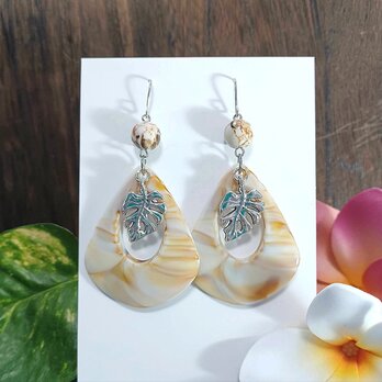 モンステラ大ぶりピアス❀.*･ﾟ  マーブルブラウンホワイト 白シェルターコイズ❀ ハンドメイド No.296