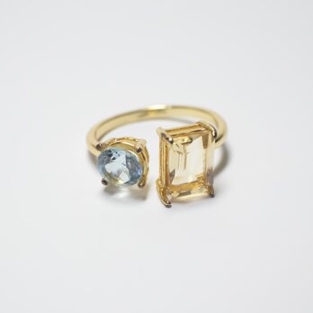 天然石 シトリン×スカイブルートパーズのフォークリング【フリーサイズ】金アレ対応