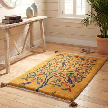 ペルシャ　ギャッベ 　玄関マット　ラグ　88x60cm　黄金色　生命の木　鳥　RJ15083