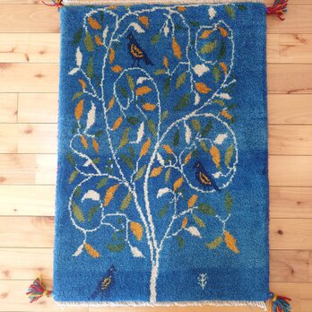 ペルシャ　ギャッベ 　玄関マット　ラグ　87x62cm　青色　生命の木　鳥　RJ15229