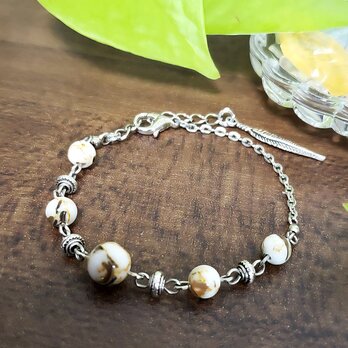 シェル入りターコイズ‪✯‬ホワイト シルバーアクセデザイン✮ブレスレット No.578