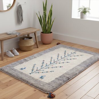 ペルシャ　ギャッベ　玄関マット　ラグ　90x63㎝　生命の木　アイボリー　Gray　RJ15007