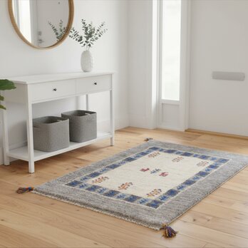 ペルシャ　ギャッベ　玄関マット　ラグ　88x65㎝　生命の木　ヤギ　アイボリー　Gray　RJ14935