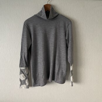 ウール手袋付き長袖タートルカットソー　グレー×グレーオフ水玉柄Ｆ
