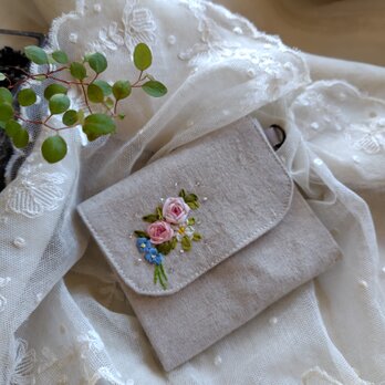 リボン刺繍*ミニポーチ*カードケース*リネン