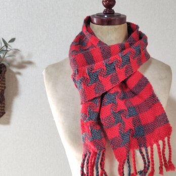 パッと明るく見える♩風車織りミニマフラー　手織り　赤＆グレー